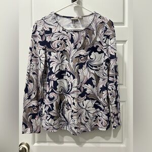 Chico's Navy, Tan, and White Swirl Long Sleeve Sweater Top